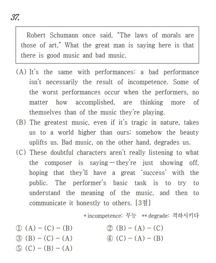  [글의 순서] 2022년 3월 고1 모의고사 영어 37번 해설 Robert Schumann once said, “The laws of morals are those (직독직해)