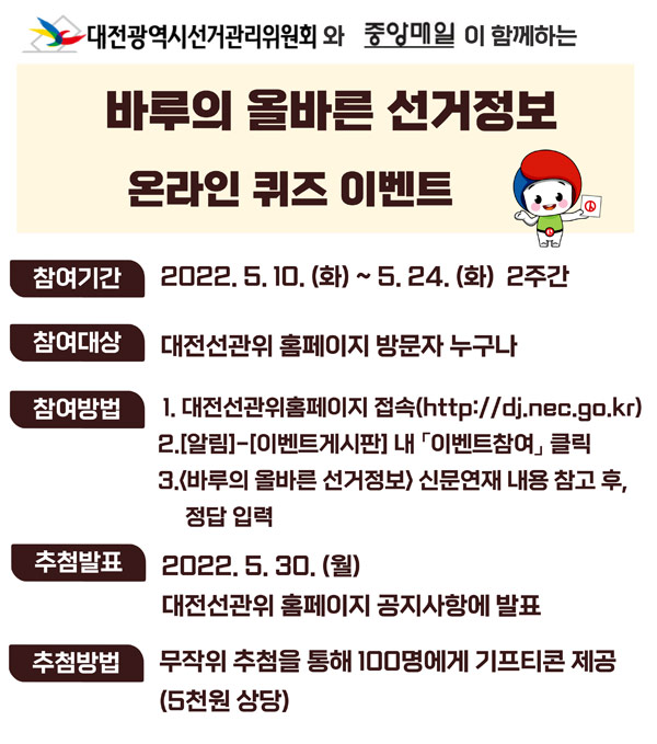 대전선관위 올바른 선거 퀴즈이벤트(기프티콘 5,000원 100명)추첨,간단 대전선관위 올바른 선거 퀴즈이벤트(기프티콘 5,000원 100명)추첨,간단