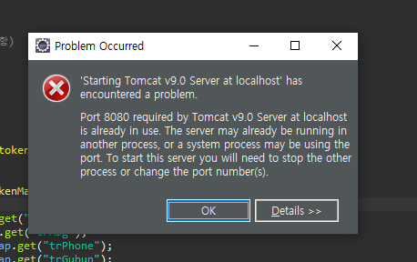  톰켓 사용중일 때 (오류 : starting tomcat v8.0 server at localhost has encountered a problem)