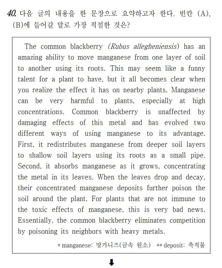  [요약문 완성] 2022년 3월 고1 모의고사 영어 40번 해설 The common blackberry has an ability to the amount of (직독직해)