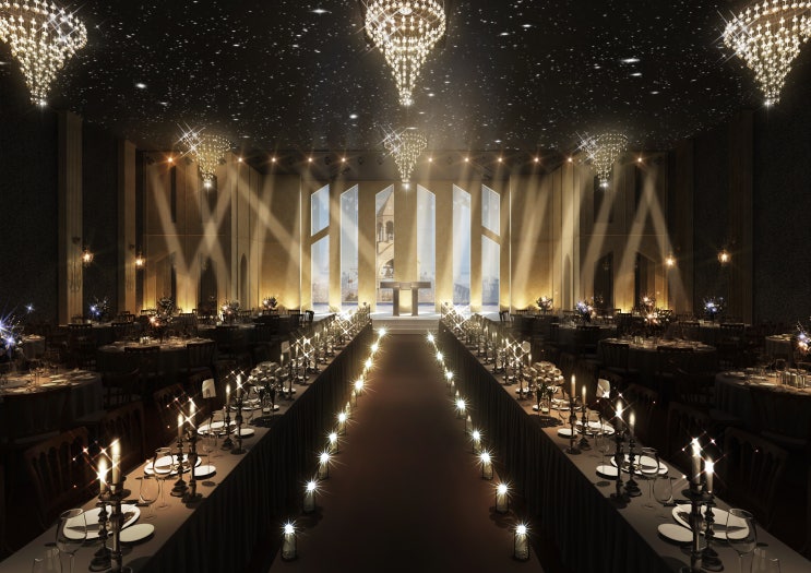 웅장한 궁전의 콘셉트에 조명을 이용하여 화려함을 배가시킨 웨딩홀 인테리어 디자인