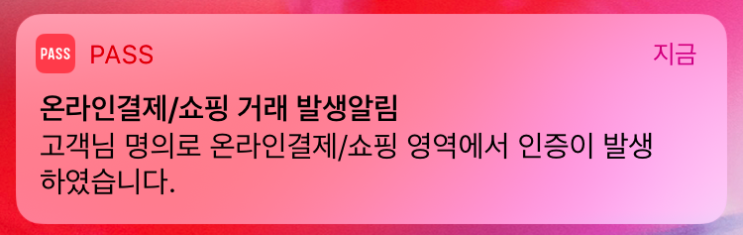  PASS 온라인결제/쇼핑 거래 발생알림에 대해