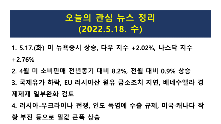  (2022.5.18. 水) 미국 인플레이션 불구, 4월 소매판매 전월비 0.9%증가 → 미 뉴욕증시 상승(다우 지수 +1.34%, 나스닥 지수 +2.76%)