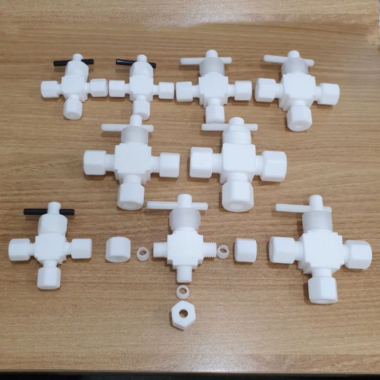  PTFE 테프론 3-way 유니온 Tee 밸브 어댑터 [파이프 연결관 테플론 teflon] union 3way 2way valve ballvalve 볼밸브 teflon 내화학