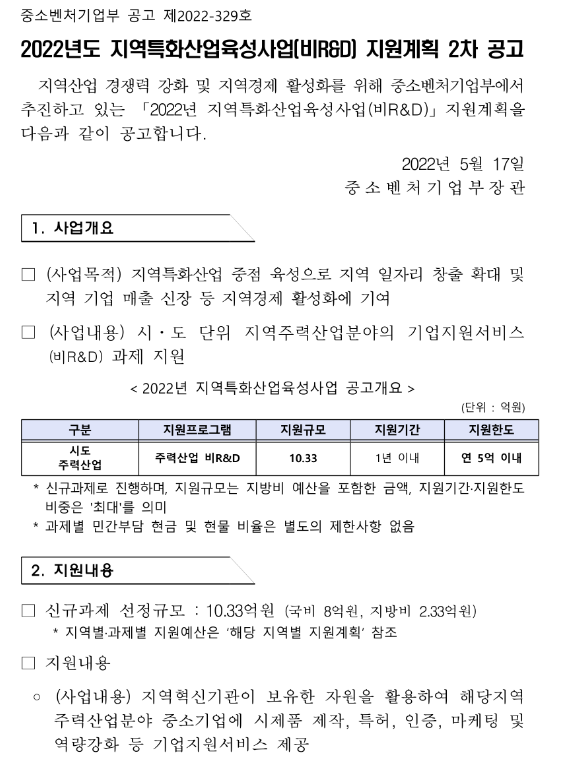 2022년 2차 지역특화산업육성사업(비R&D) 지원계획 모집 공고 2022년 2차 지역특화산업육성사업(비R&D) 지원계획 모집 공고