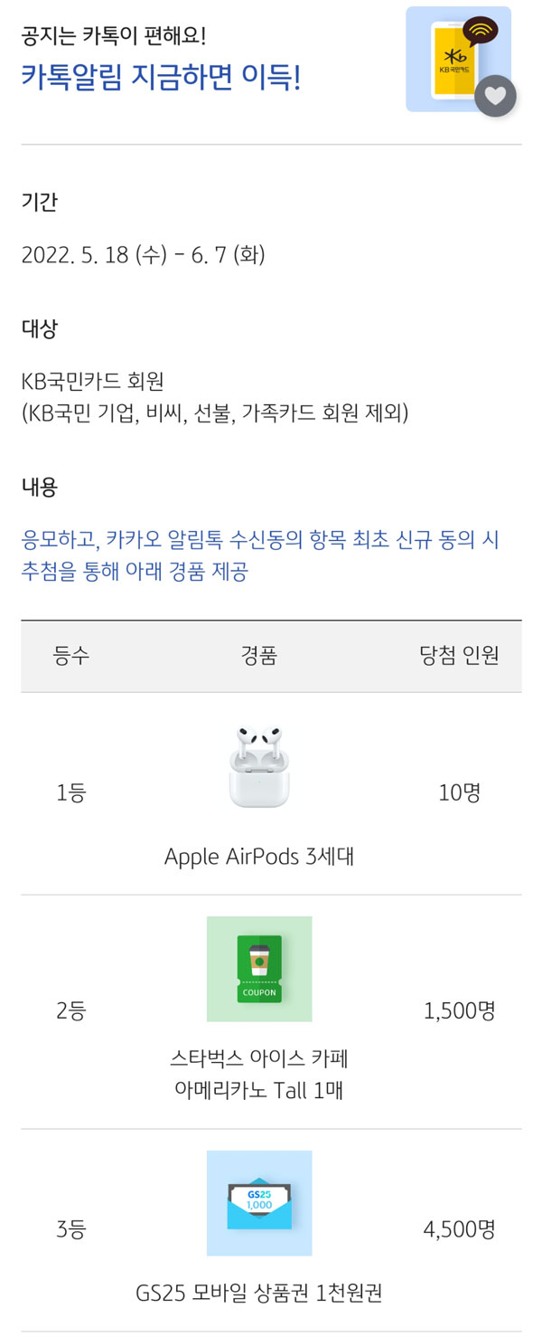 KB국민카드 카톡알림 이벤트(스벅등 6,010명)추첨 KB국민카드 카톡알림 이벤트(스벅등 6,010명)추첨