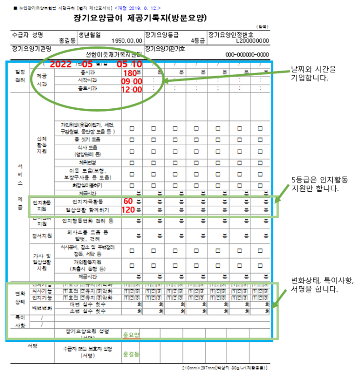  인지활동형 방문요양 제공기록지 작성