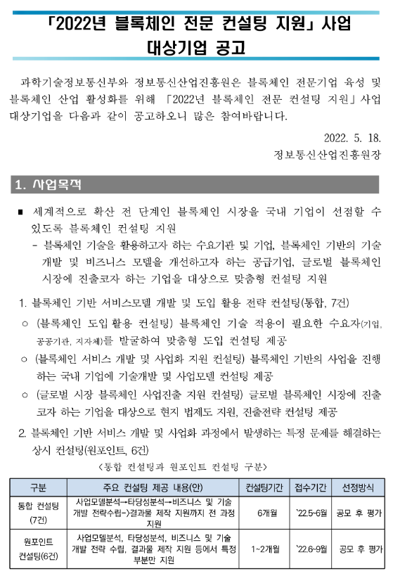 2022년 블록체인 전문 컨설팅 지원 대상기업 모집 공고 2022년 블록체인 전문 컨설팅 지원 대상기업 모집 공고