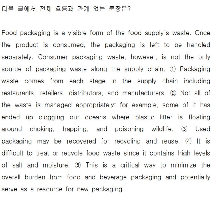  [글의 흐름] EBS 수능특강 라이트 해설 Food packaging is a visible form of the food supply’s waste. Once the (직독직해)