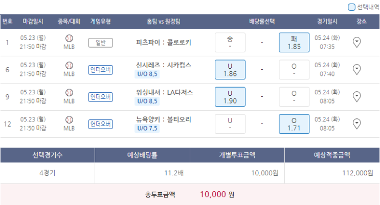  5월23일 MLB 야구 스포츠 토토 프로토 승부식 42회차 분석 기록용