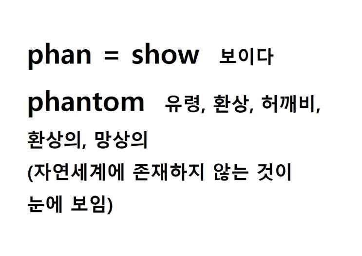  어근 phan = show 보이다 (phantom 자연세계에 존재하지 않는 것이 눈에 보임 = 유령, 환상, 망상의)