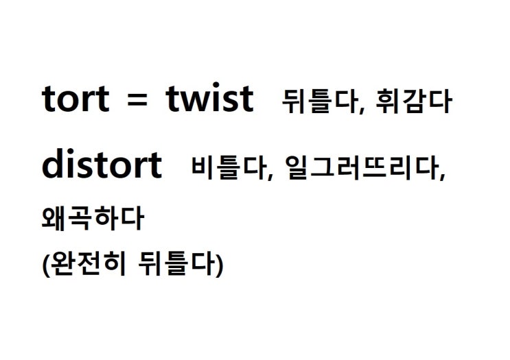  어근 tort = twist 뒤틀다, 휘감다 (distort 완전히 뒤틀다 = 비틀다, 일그러뜨리다, 왜곡하다)