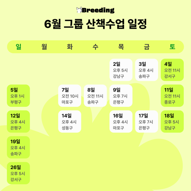 브리딩 6월 그룹산책수업 일정 공개! 브리딩 6월 그룹산책수업 일정 공개!