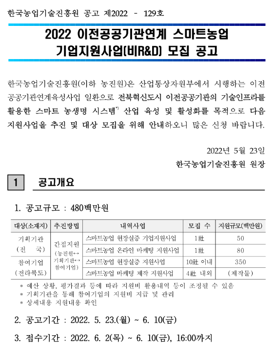 2022년 이전공공기관연계 스마트농업 기업지원사업(비R&D) 모집 공 2022년 이전공공기관연계 스마트농업 기업지원사업(비R&D) 모집 공