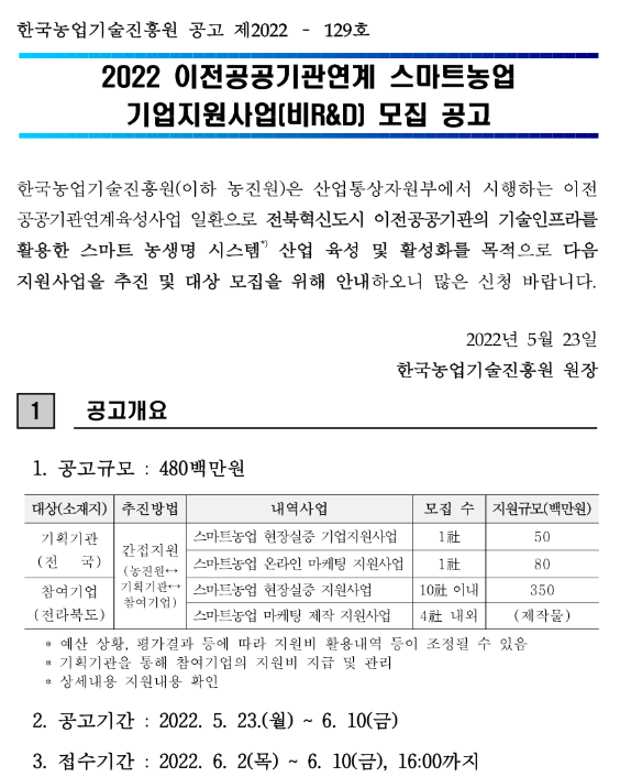 2022년 이전공공기관연계 스마트농업 기업지원사업(비R&D) 모집 공