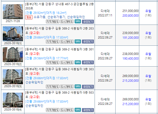  강동구 광진구 성동구 현재 경매물건 전체 리스트입니다.