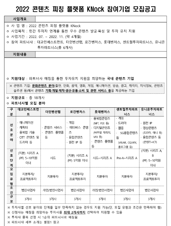 2022년 콘텐츠 피칭 플랫폼 KNock 참여기업 모집 공고 2022년 콘텐츠 피칭 플랫폼 KNock 참여기업 모집 공고