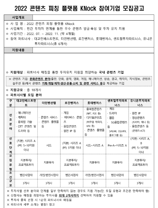 2022년 콘텐츠 피칭 플랫폼 KNock 참여기업 모집 공고