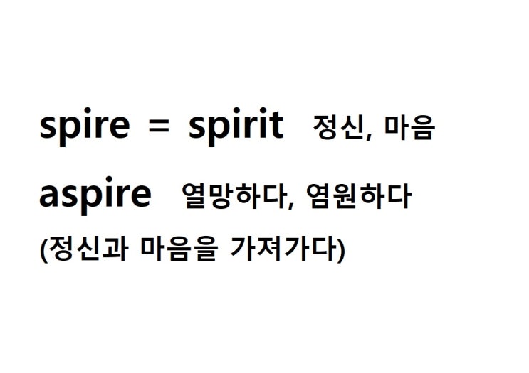 어근 spire = spirit 정신, 마음 (aspire 정신과 마음을 가져가다 = 열망하다, 염원하다)