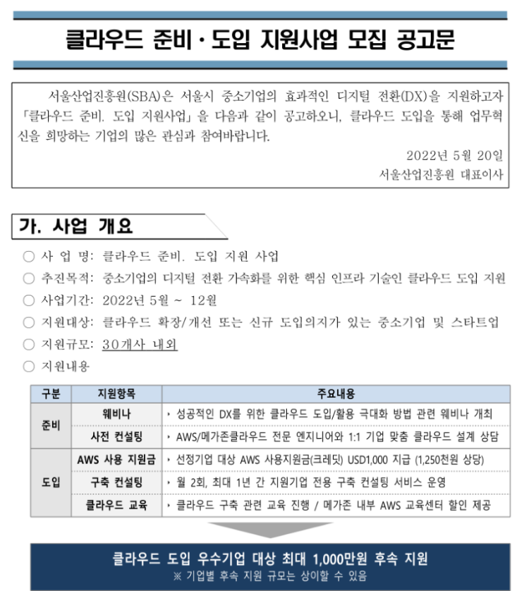 [서울] 2022년 디지털 전환을 위한 중소기업 클라우드 준비ㆍ도입 지원사업 모집 공고