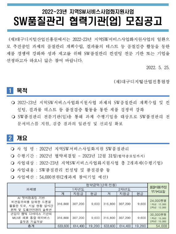 2022~2023년 지역SW서비스사업화지원사업 SW품질관리 협력기관(업) 모집 공고 2022~2023년 지역SW서비스사업화지원사업 SW품질관리 협력기관(업) 모집 공고