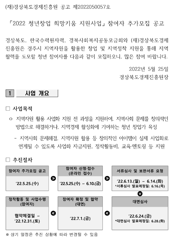 2022년 경상북도 경주시 청년창업 희망키움 지원사업 참여자 추가모집 공고 2022년 경상북도 경주시 청년창업 희망키움 지원사업 참여자 추가모집 공고