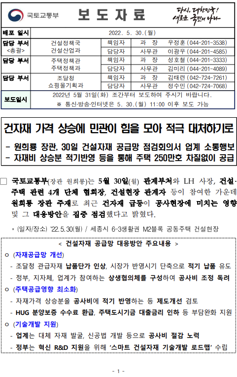  건자재 가격 상승에 민관이 힘을 모아 적극 대처하기로
