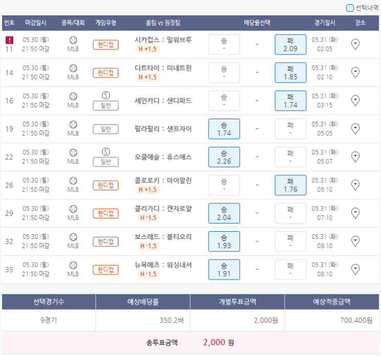  5월30일 MLB 야구 스포츠 토토 프로토 승부식 44회차 분석 기록용