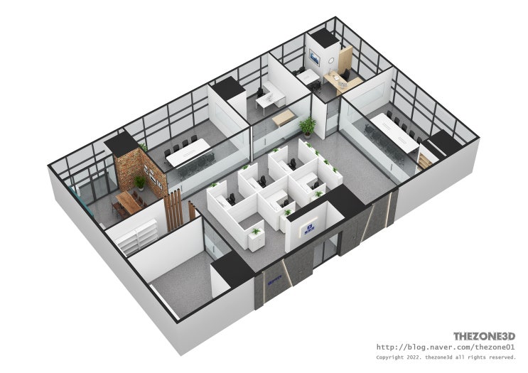 [사무실] 70평 지식산업센터 사무실인테리어 도면설계(평면도), 아이소메트릭 3D투시도
