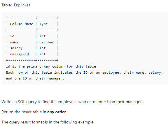 SQL 문제 6 - Employees Earning More Than Their Managers LeetCode 181