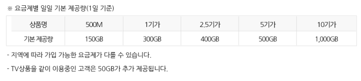  LG U+ 기가인터넷 용량