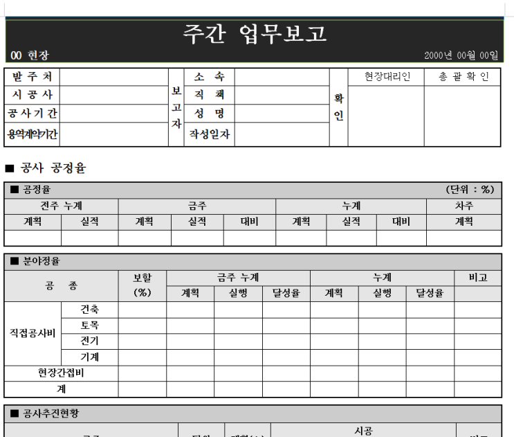  공정확인서 / 주간업무보고서 샘플(시공사,시행사용)
