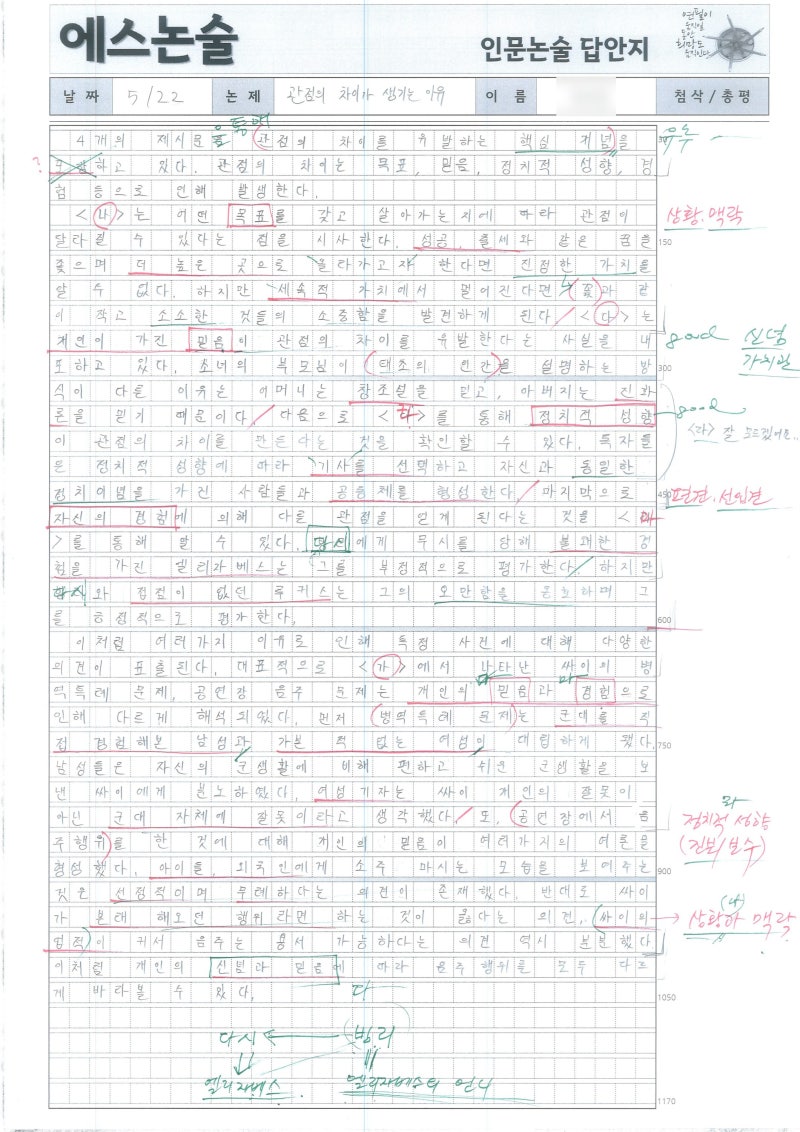 5월 3,4주 서울여고 조O주 논술 답안 및 첨삭 / 성신여대 2013 기출, 중앙대 2015 기출 / 은평 대입수시 에스논술 학원 :  네이버 블로그