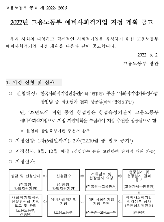 2022년 고용노동부 예비사회적기업 지정 계획 공고_고용노동부 2022년 고용노동부 예비사회적기업 지정 계획 공고_고용노동부