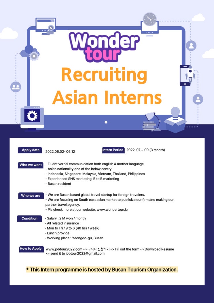  원더투어 외국인 인턴 모집 관광일자리 인턴 지원사업 Recruitment of Foreign Interns for Wonder Tour 'Tourism Job Support’