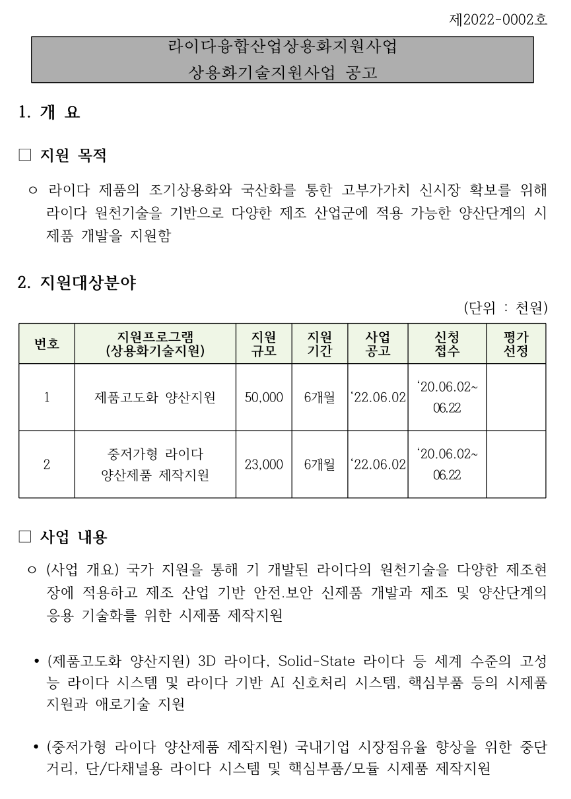 2022년 2차 라이다융합산업상용화지원사업(상용화기술) 참여기업 모집 공고 2022년 2차 라이다융합산업상용화지원사업(상용화기술) 참여기업 모집 공고