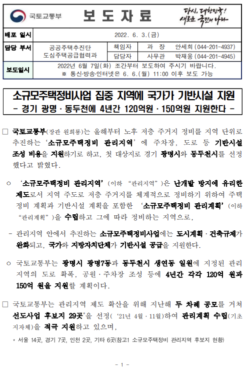  소규모주택정비사업 집중 지역에 국가가 기반시설 지원