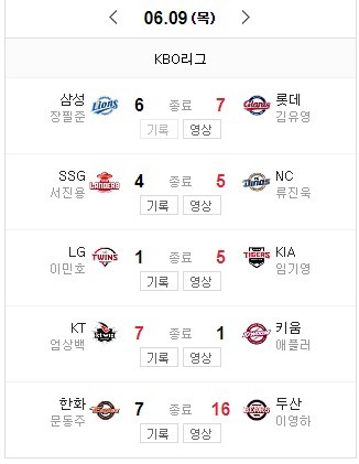  6월 9일 한국프로야구 KBO 경기결과 6월 10일 선발투수 TV중계일정