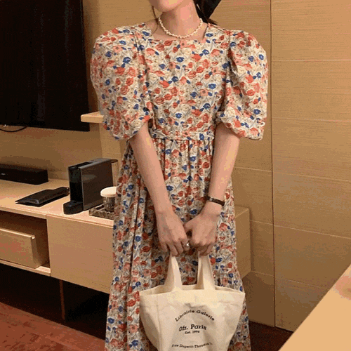  (당일배송)스퀘어넥 플라워 롱 원피스ㅣ퍼프소매 여름 면원피스ㅣ베이비돌 원피스ㅣ나들이룩원피스ㅣ스트랩포함 2color