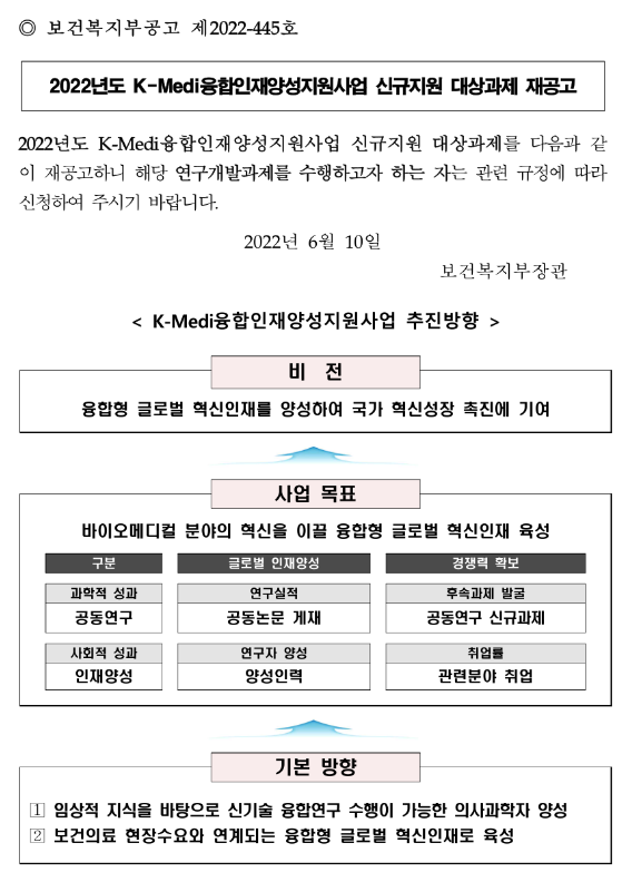 2022년 K-Medi융합인재양성지원사업 신규지원 대상과제 재공고_보건복지부 2022년 K-Medi융합인재양성지원사업 신규지원 대상과제 재공고_보건복지부