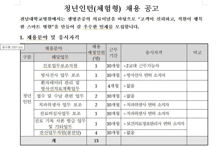[전남대학교<b>병원</b>] 청년<b>인턴</b>(체험형) <b>공개</b>채용시험 공고(~6/22)