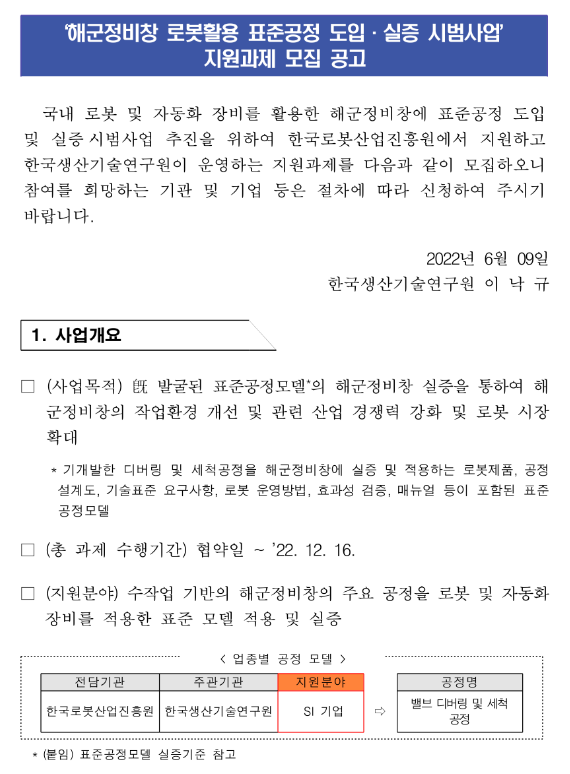 2022년 해군정비창 로봇활용 표준공정 도입ㆍ실증 시범사업 지원과제 모집 공고 2022년 해군정비창 로봇활용 표준공정 도입ㆍ실증 시범사업 지원과제 모집 공고