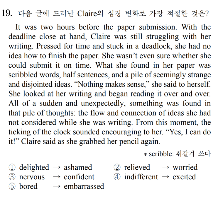  [심경 변화] 2020년 6월 모의고사 영어 19번 풀이 It was two hours before the paper submission. With the deadline