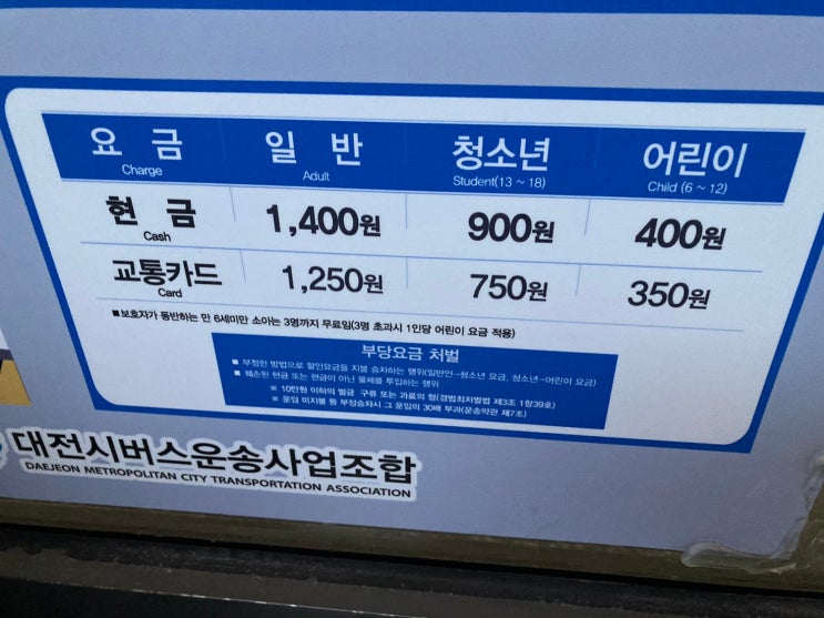 대전 시내버스 청소년 성인 어린이 요금