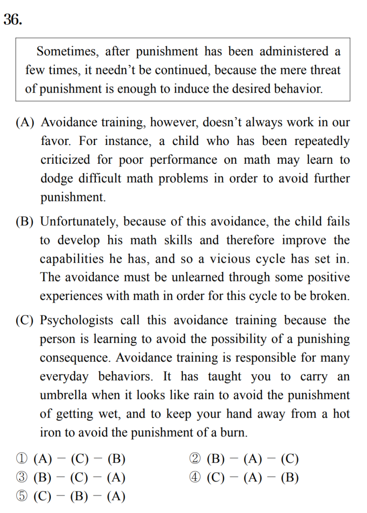  [글의 순서] 2016년 수능 영어 36번 풀이 Sometimes, after punishment has been administered a few times, it needn’t