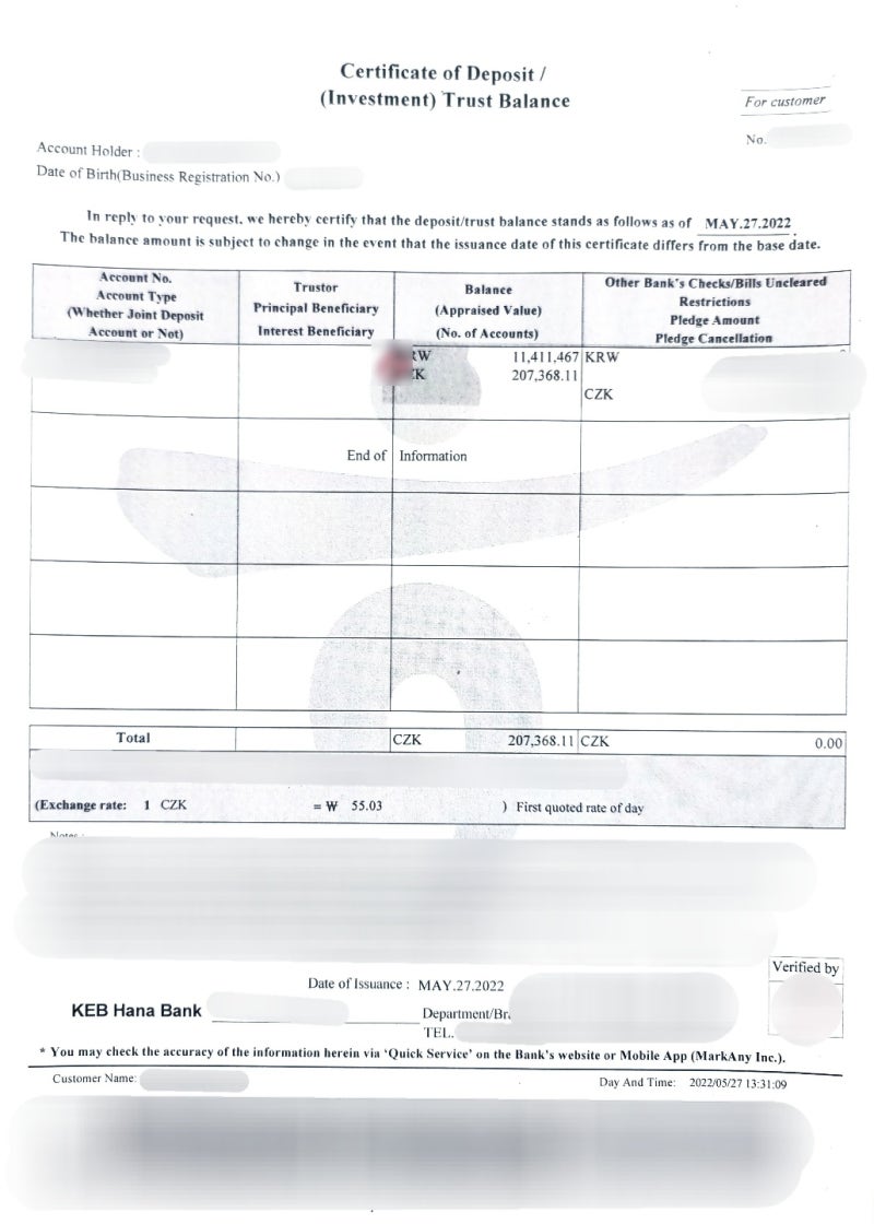 오스트라바 대학] 영문은행잔고증명서, 영문입출금내역서 - 체코비자서류 : 네이버 블로그
