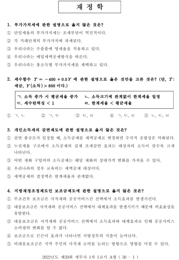  2022년 재정학 기출 세무사1차 59회 해설 유투브