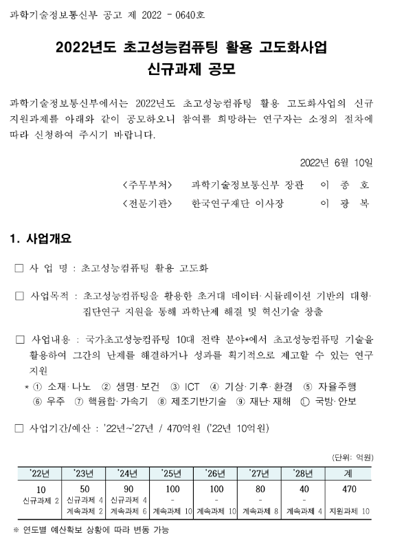 2022년 초고성능컴퓨팅 활용 고도화사업 신규과제 공모