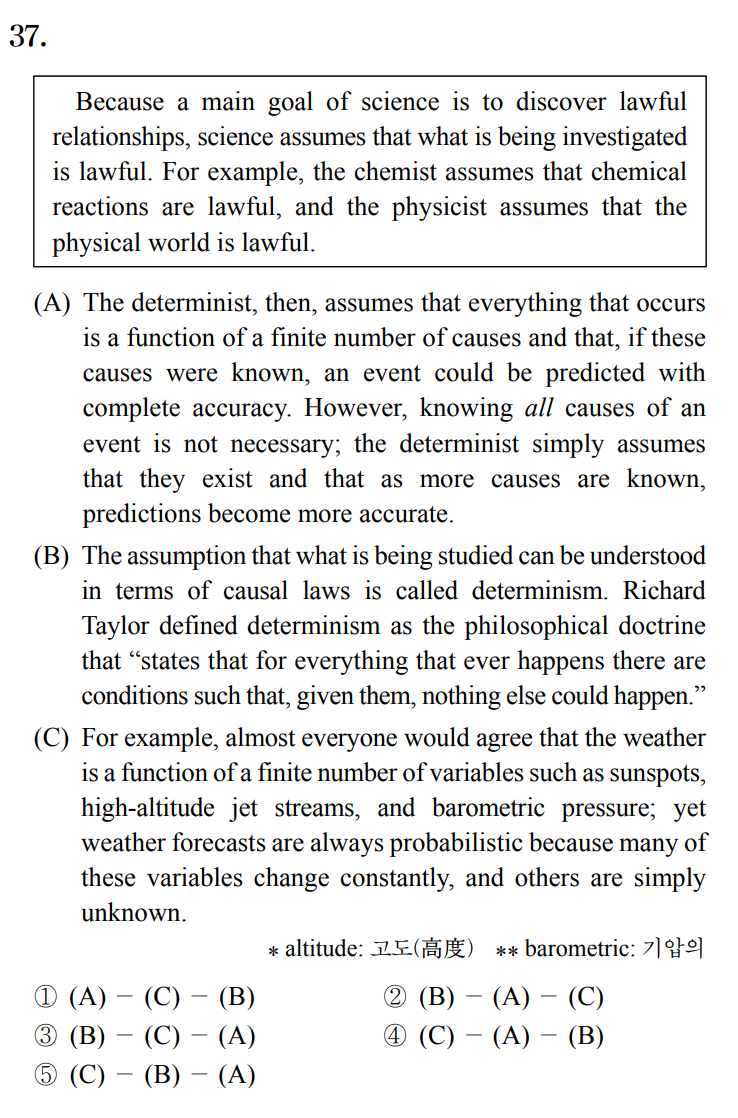  [글의 순서] 2020년 9월 모의고사 영어 37번 풀이 Because a main goal of science is to discover lawful relationships