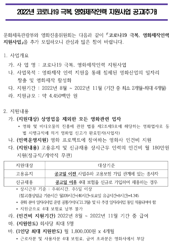 2022년 영화제작인력 지원사업 모집 공고(코로나19 극복)_문화체육관광부 2022년 영화제작인력 지원사업 모집 공고(코로나19 극복)_문화체육관광부